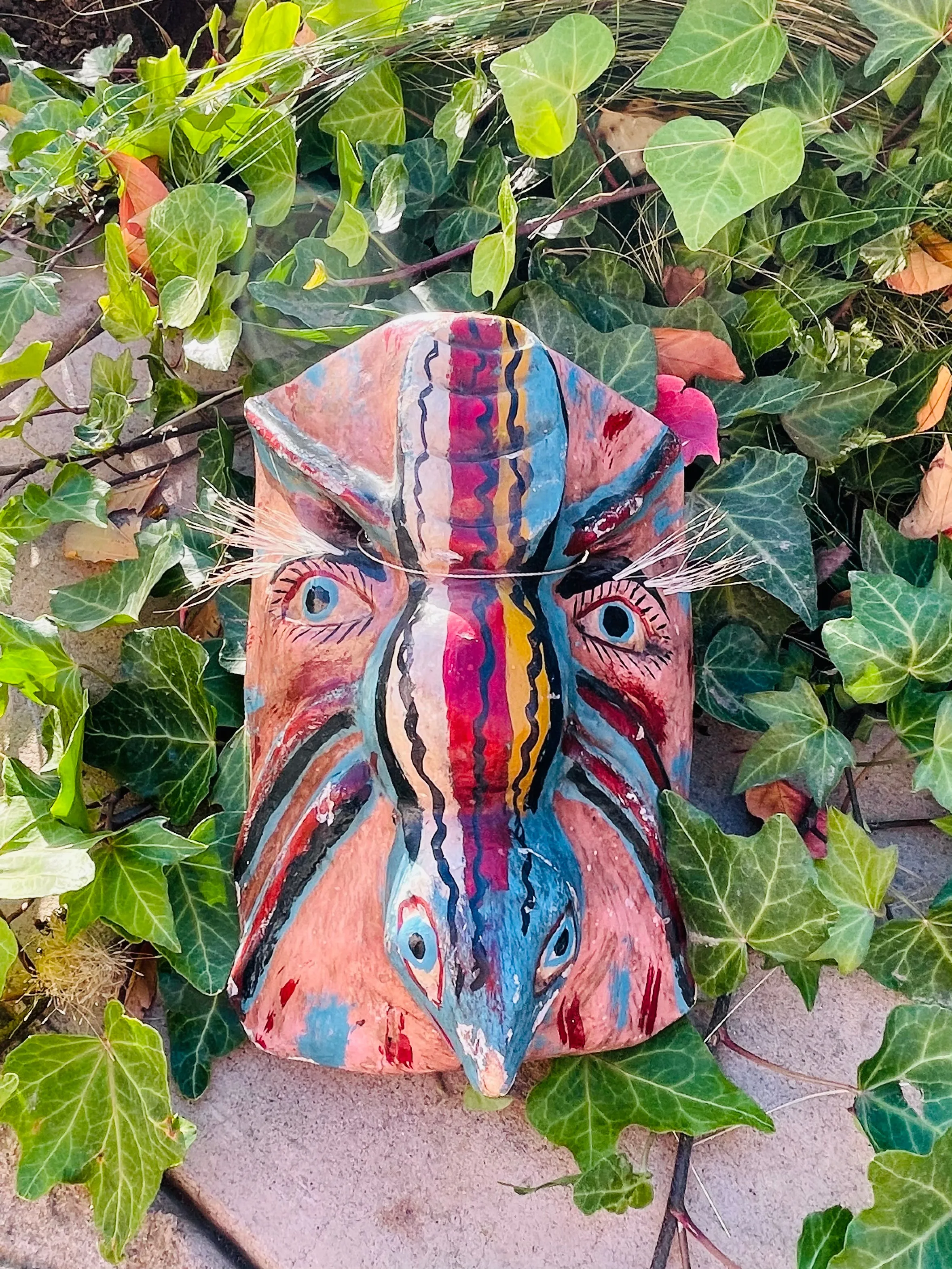 Antique Artisan Colorful Hand Painted Wooden Tribal Folk Art Mask Man & Creature