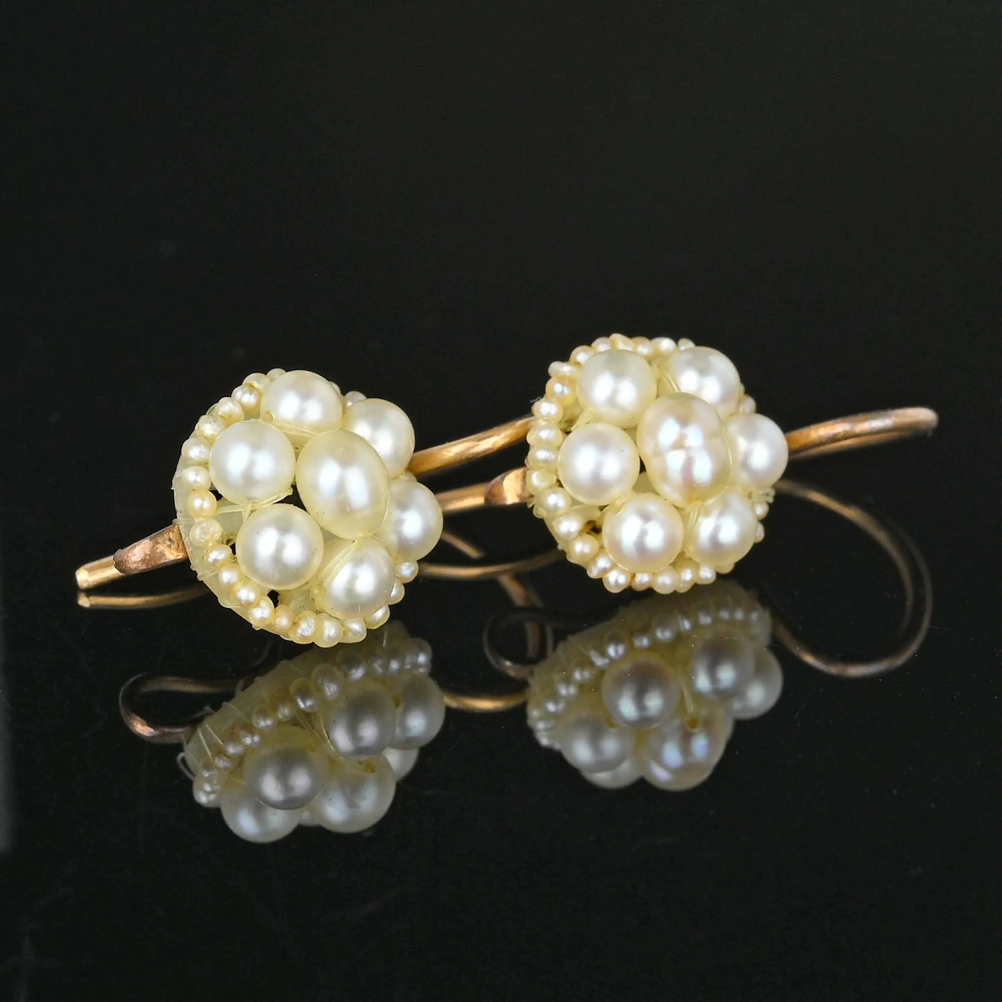 Antique Georgian Pearl Cluster Earrings in 14k Gold