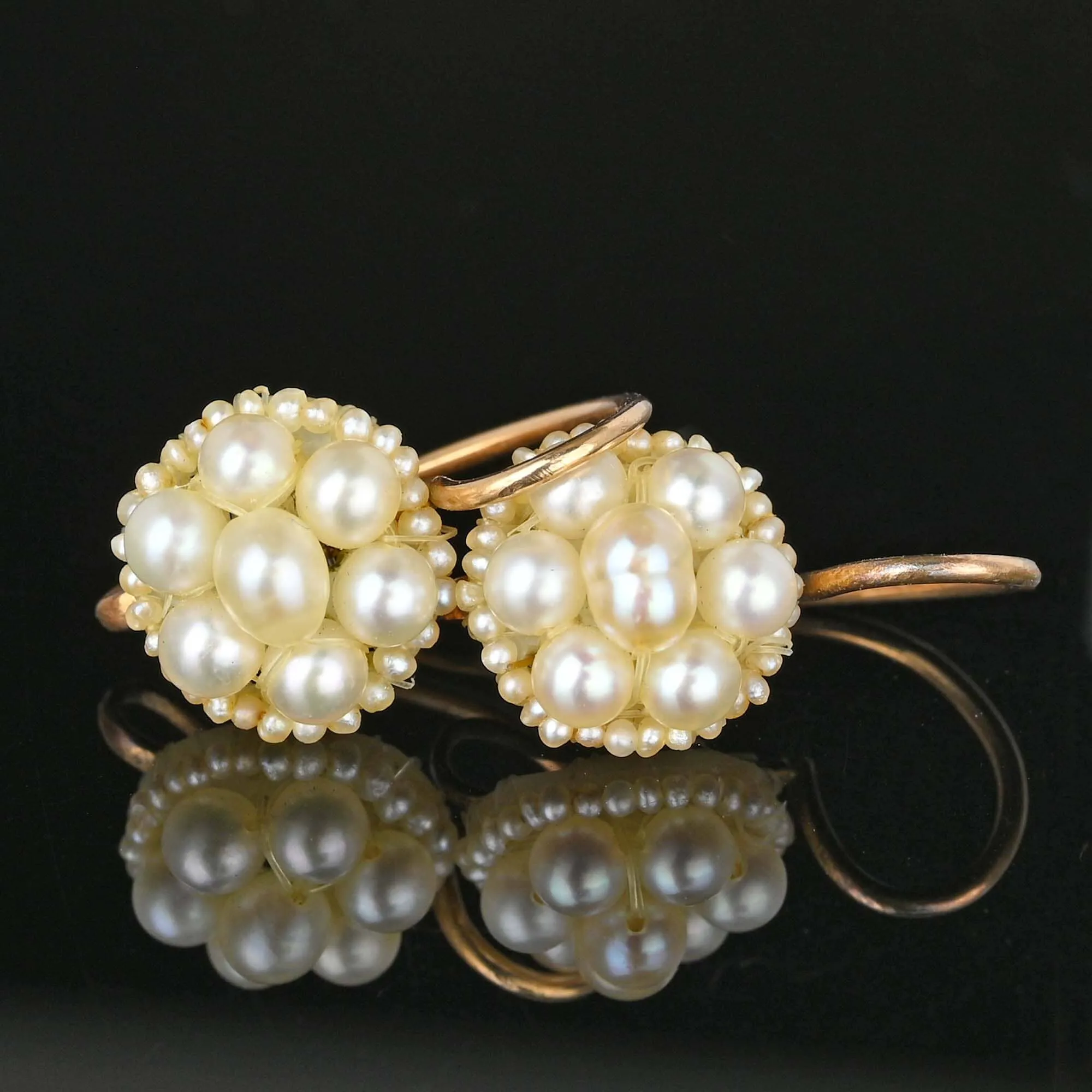 Antique Georgian Pearl Cluster Earrings in 14k Gold