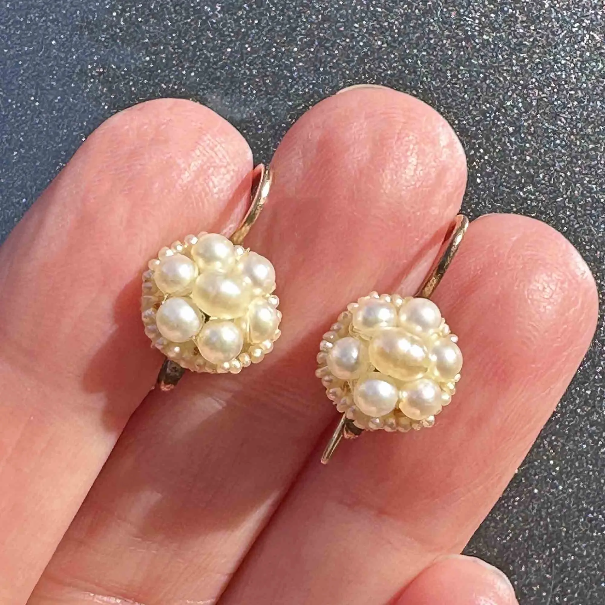 Antique Georgian Pearl Cluster Earrings in 14k Gold