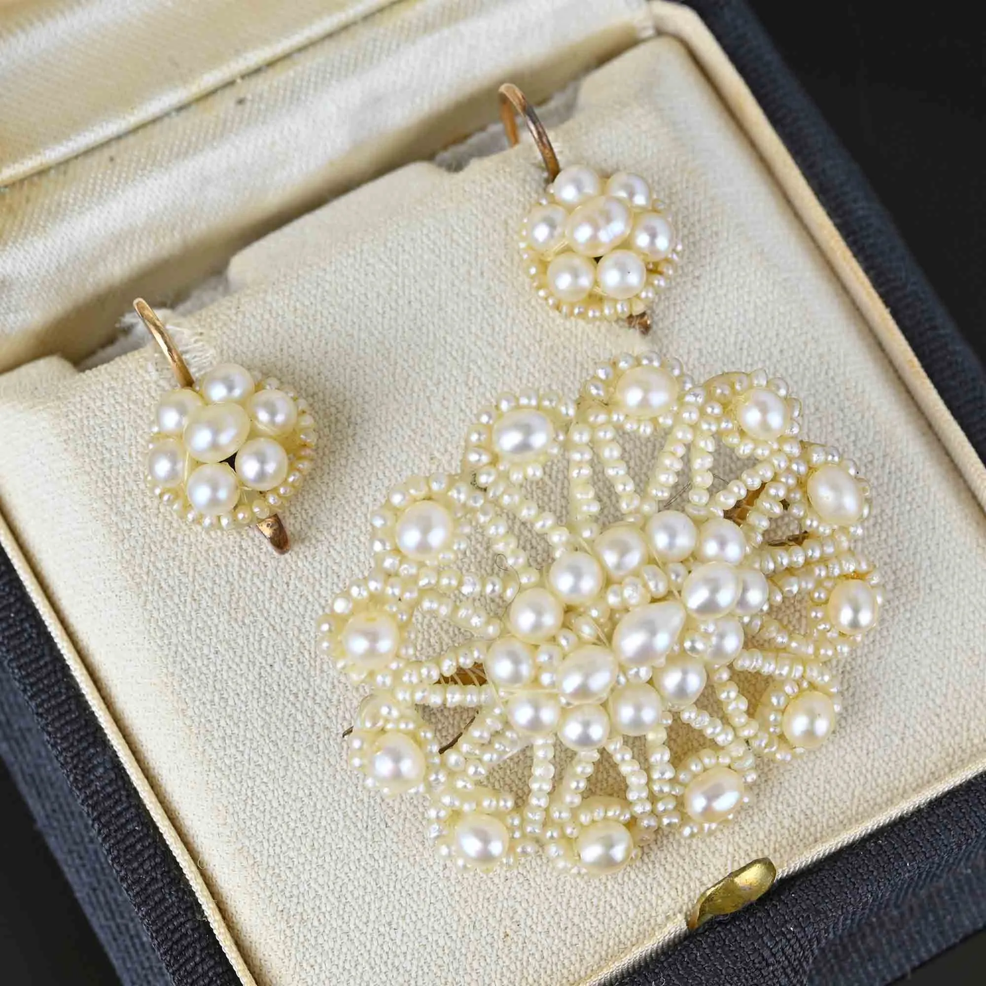 Antique Georgian Pearl Cluster Earrings in 14k Gold