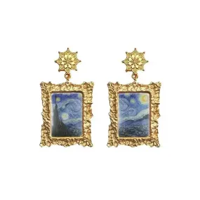 Antique Plated World Paintings Drop Earring