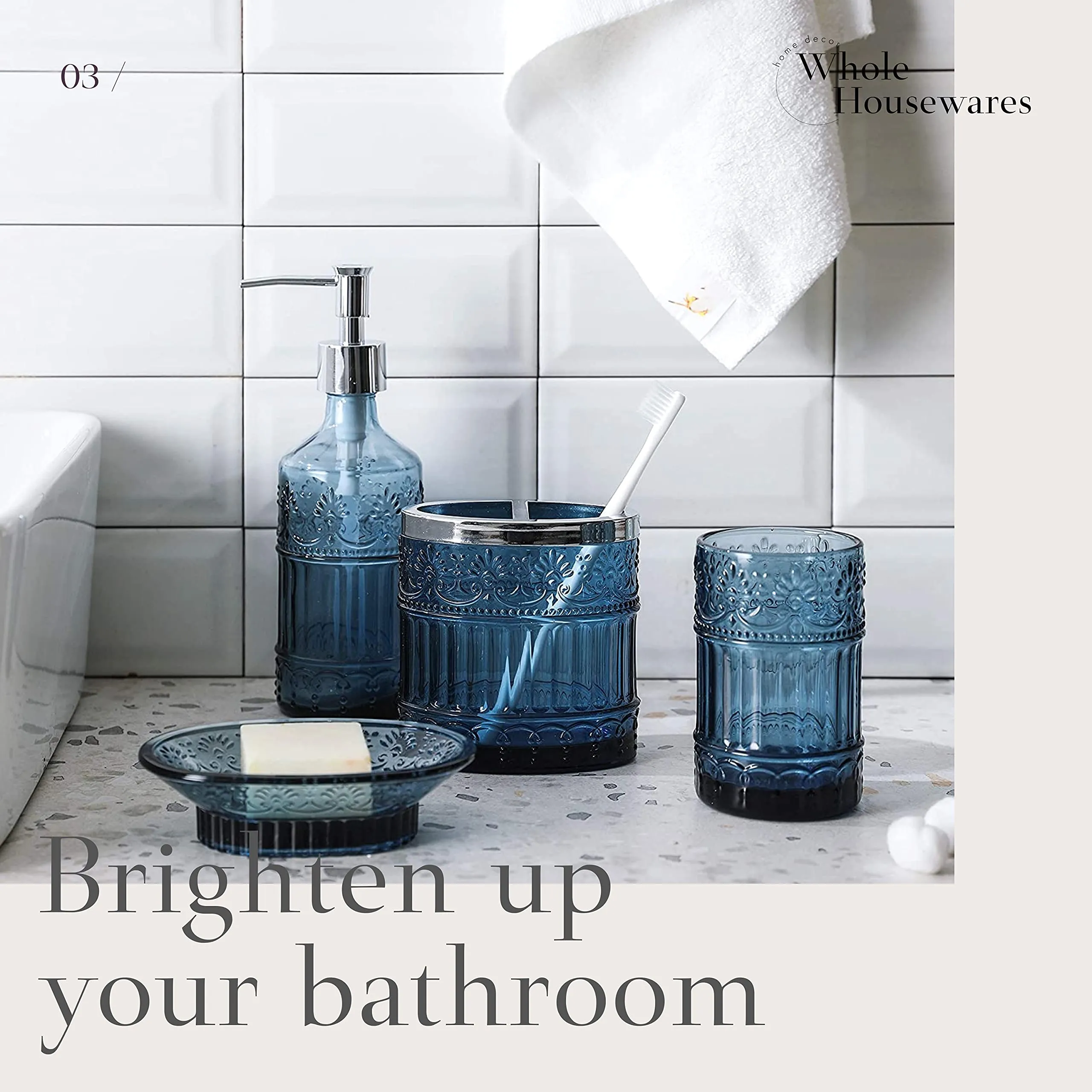 Bathroom Accessory Set | 4-Piece Decorative Glass Bathroom Accessories Set | Soap Dispen