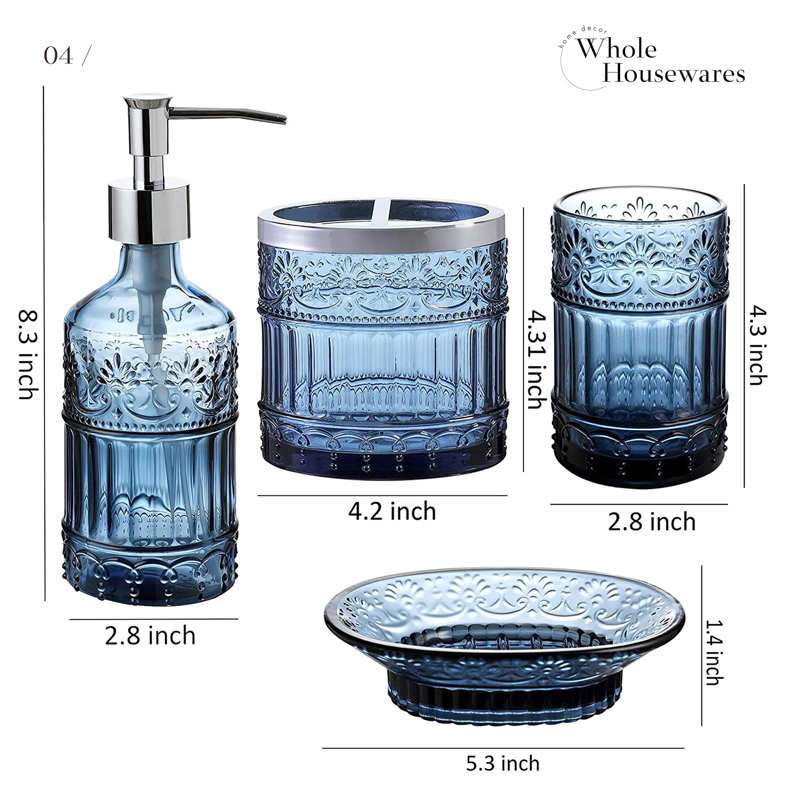 Bathroom Accessory Set | 4-Piece Decorative Glass Bathroom Accessories Set | Soap Dispen