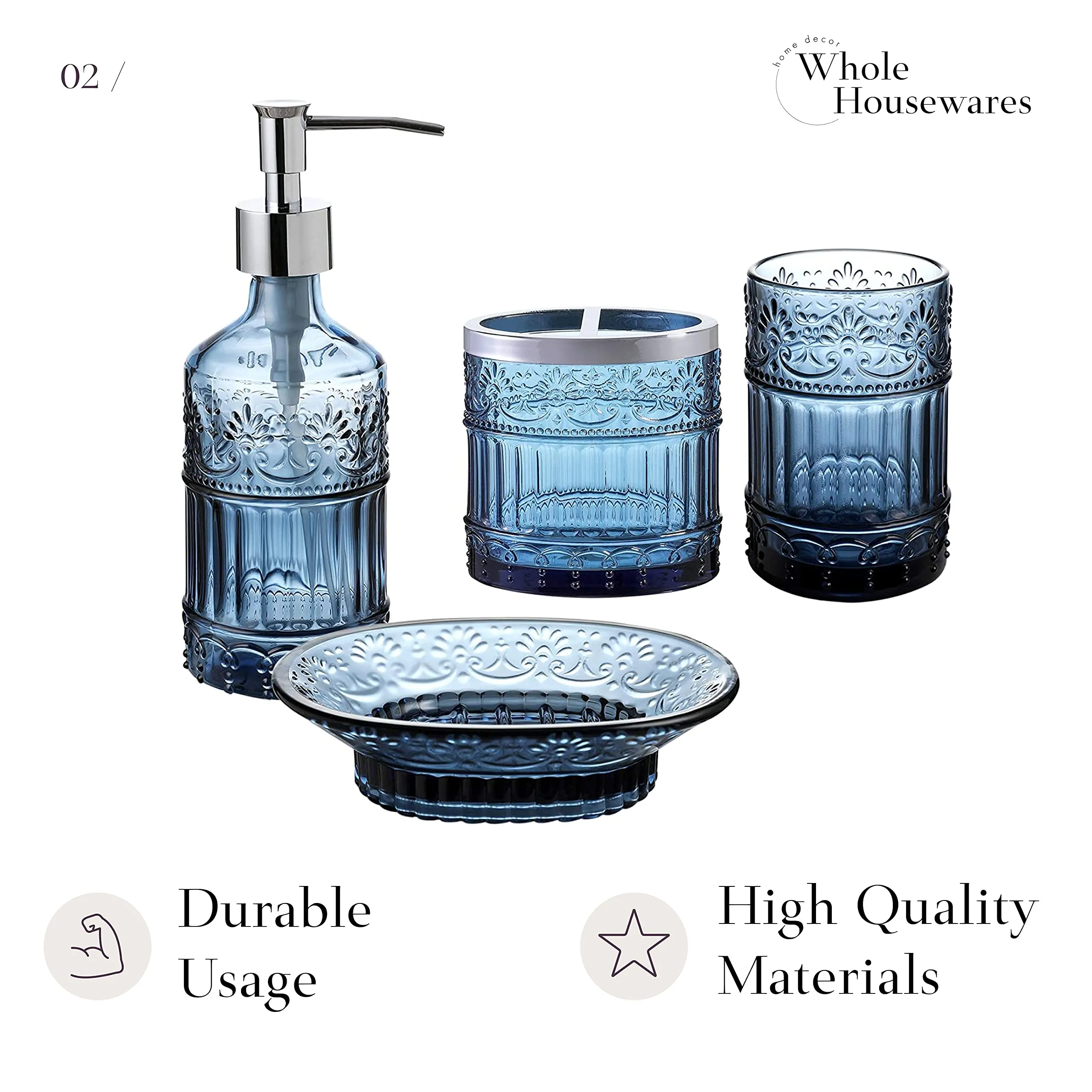 Bathroom Accessory Set | 4-Piece Decorative Glass Bathroom Accessories Set | Soap Dispen