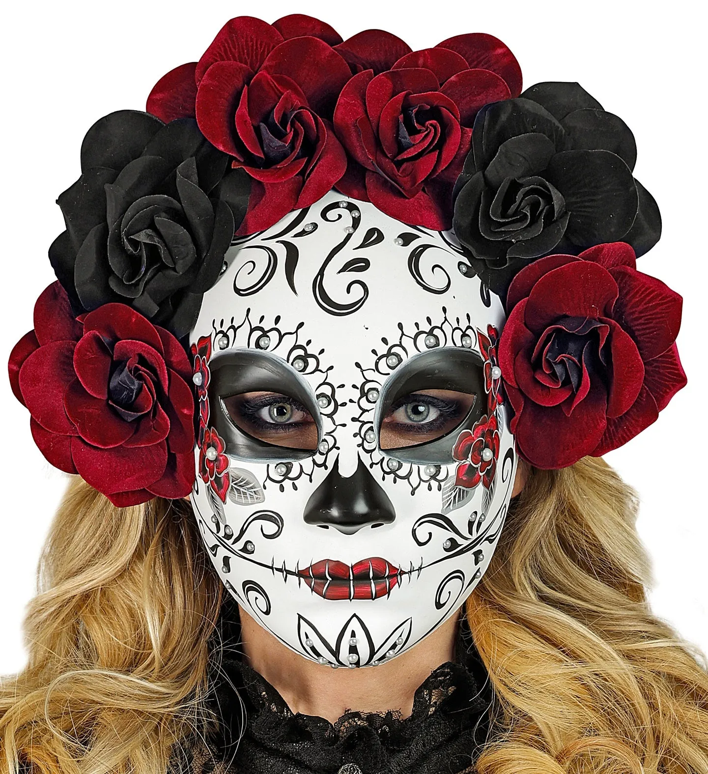 Day of the Dead Mask Black & Burgundy Roses