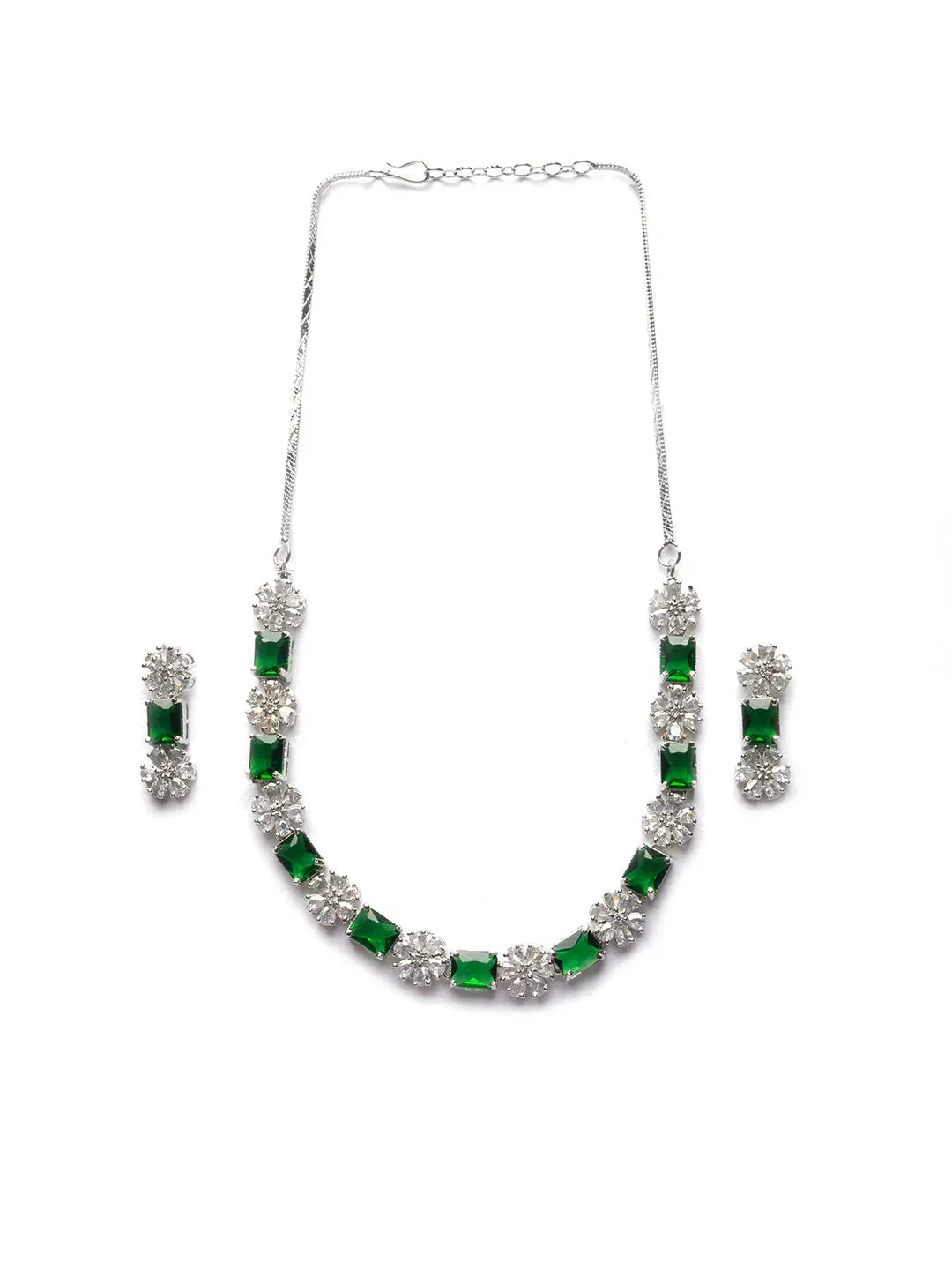 Exquisite Green Flower Motif CZ Sleek Necklace Set