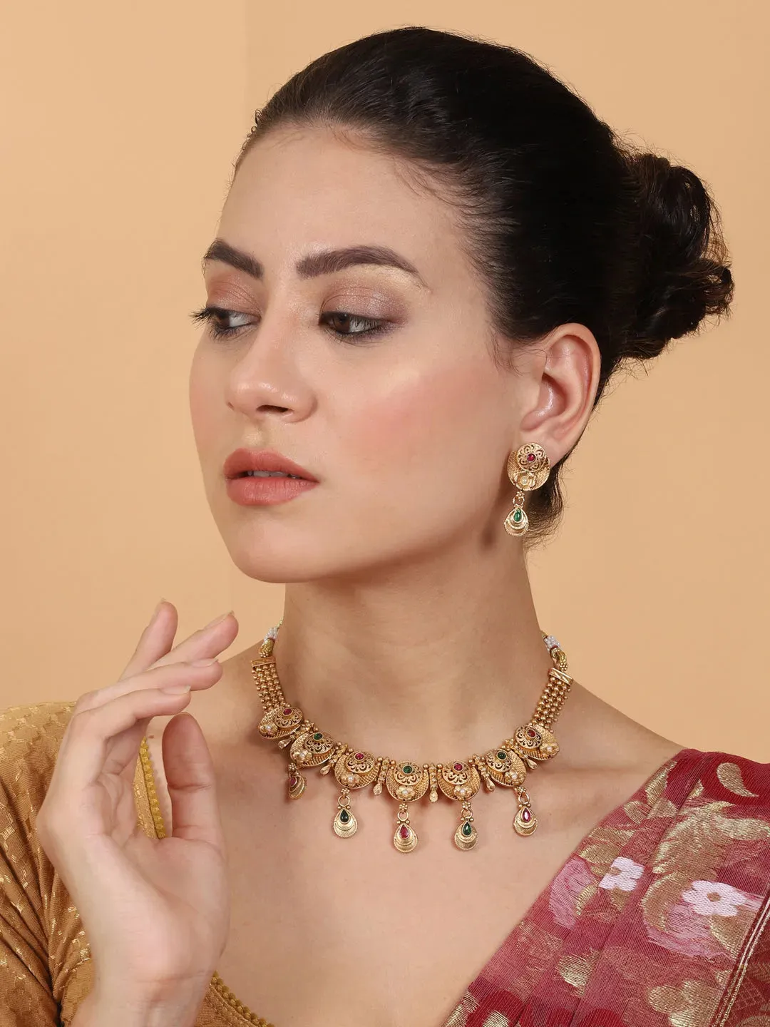 Gold Plated Kempu Hydra Rajwadi Necklace Set