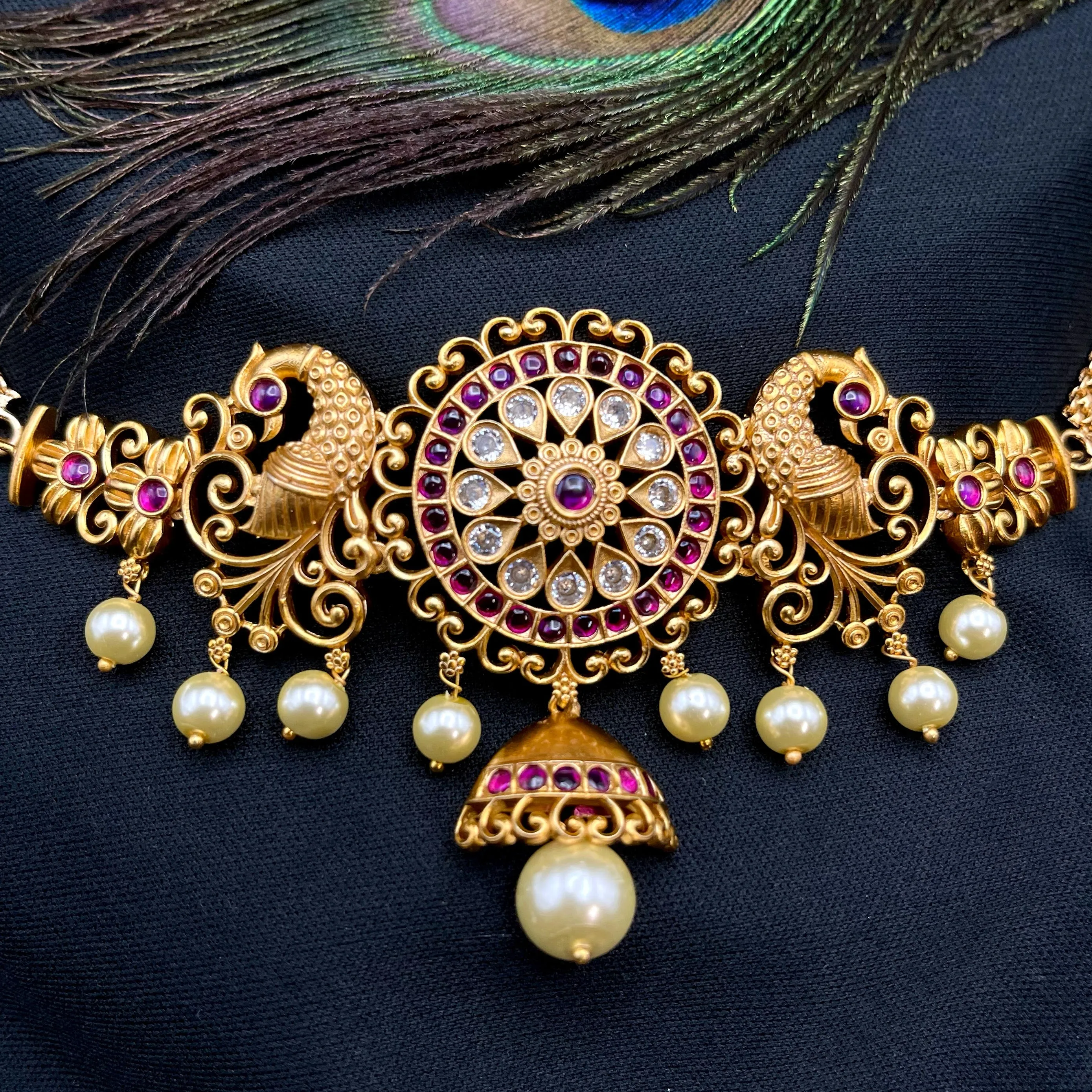 Kemp Peacock Matte Gold Choker Necklace with Jhumka