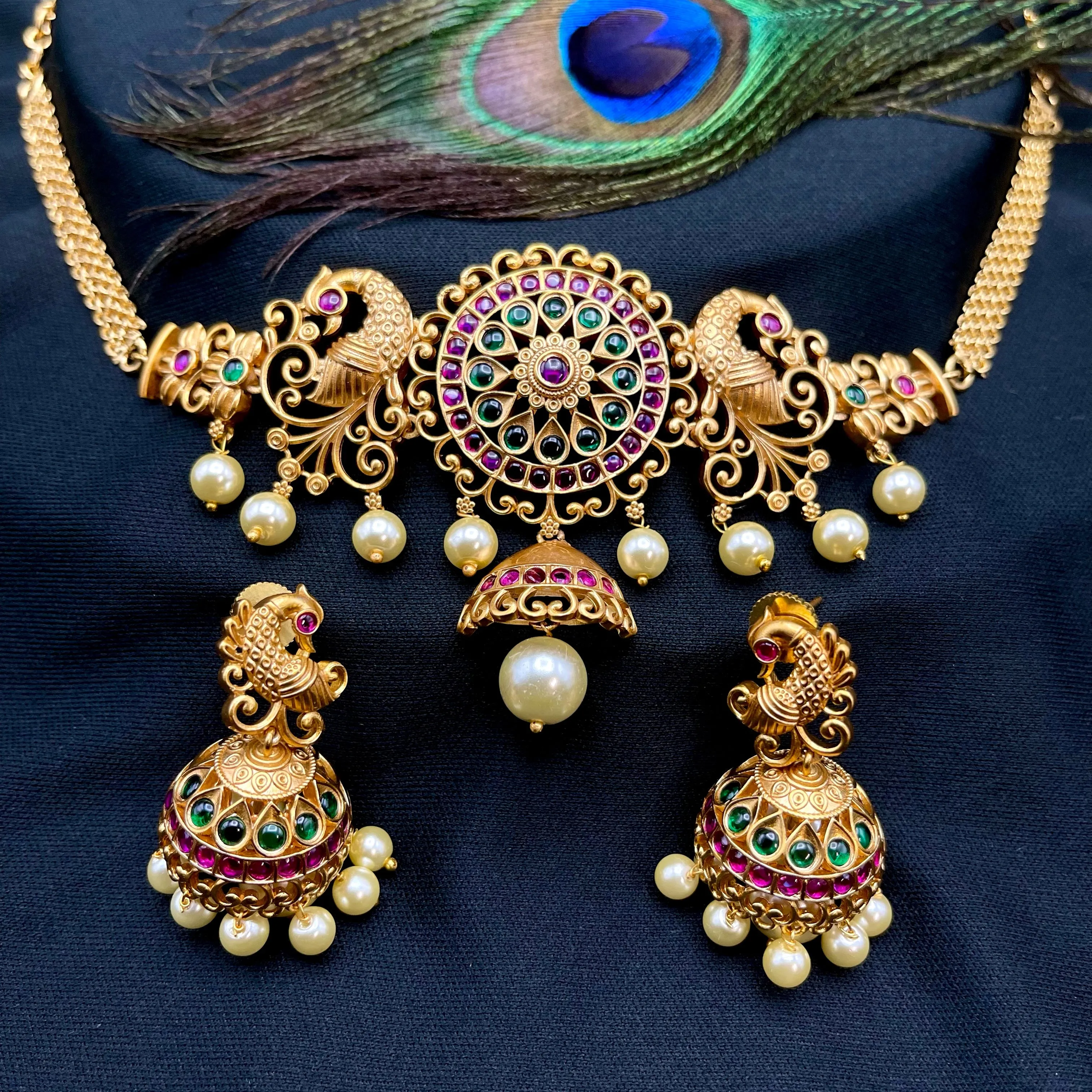 Kemp Peacock Matte Gold Choker Necklace with Jhumka