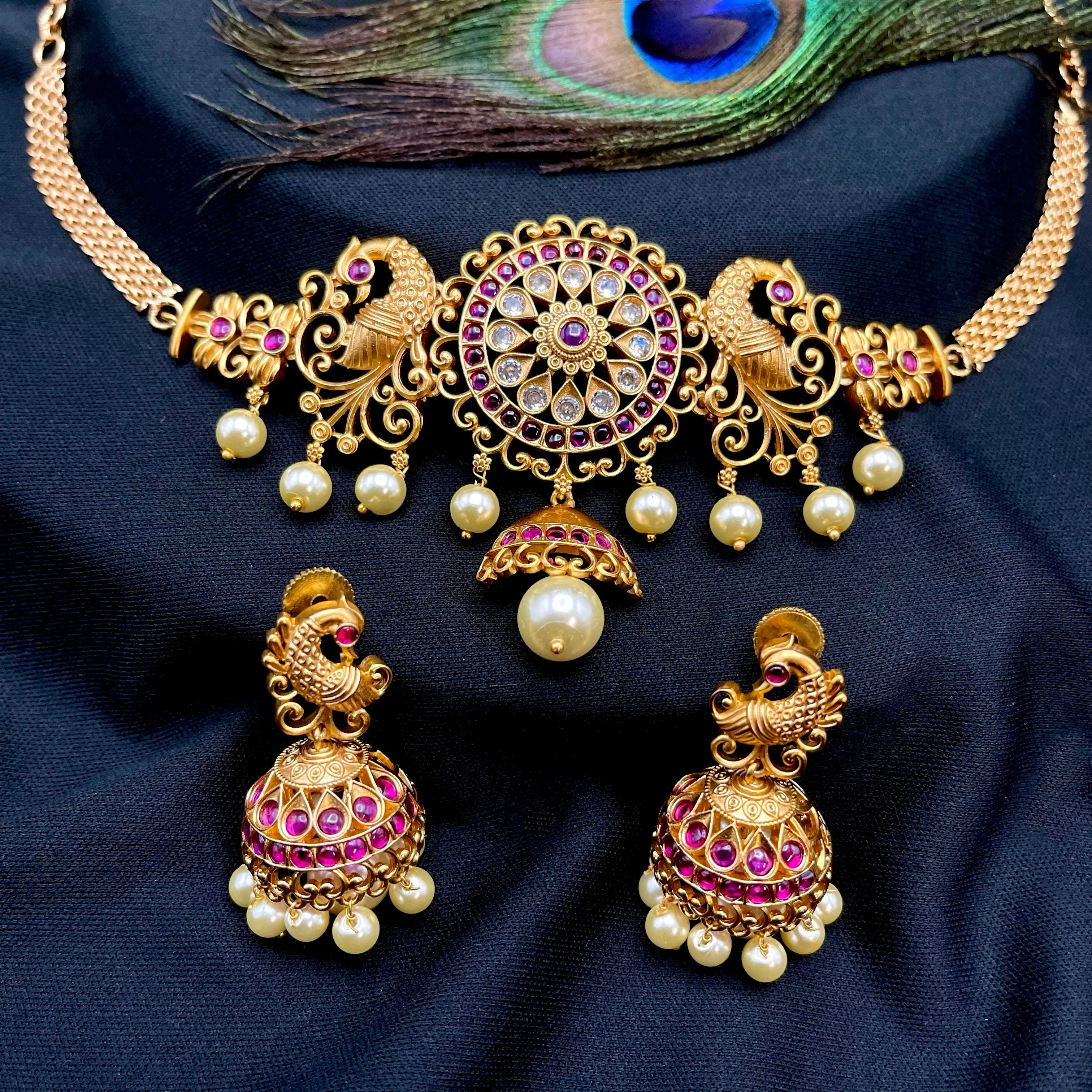 Kemp Peacock Matte Gold Choker Necklace with Jhumka