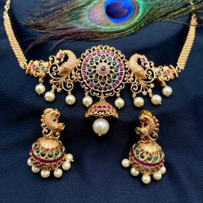 Kemp Peacock Matte Gold Choker Necklace with Jhumka