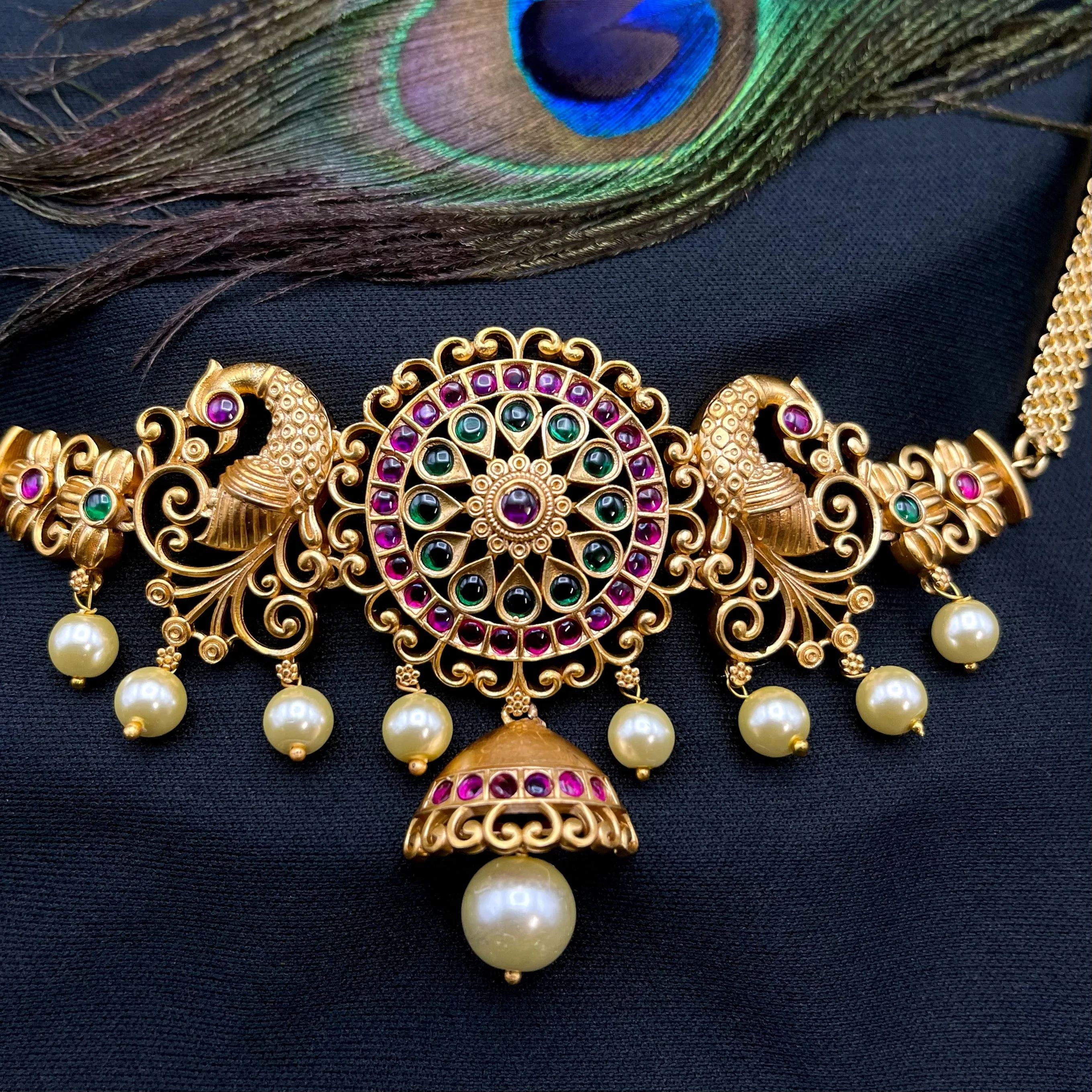 Kemp Peacock Matte Gold Choker Necklace with Jhumka