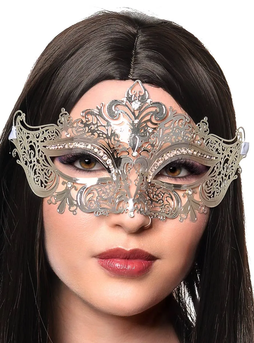 Lacework Silver Metal Rhinestone Masquerade Mask