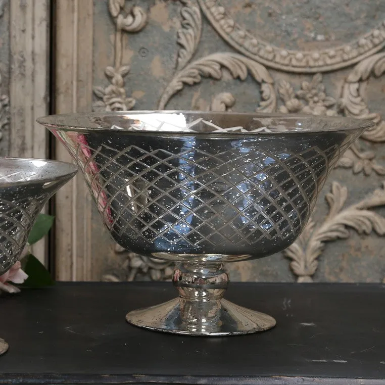 Large Footed Glass Bowl - Antique Silver Finish with Etching