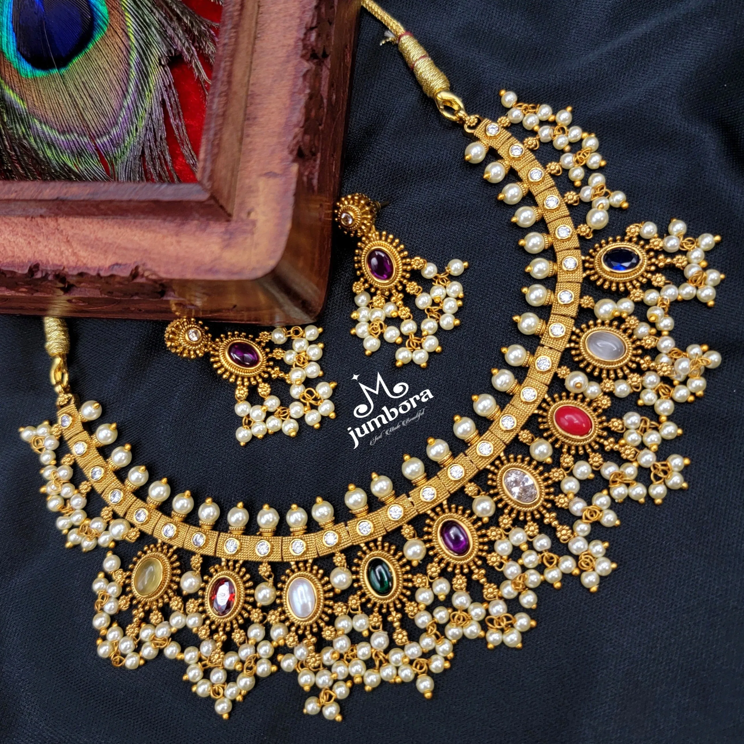 Navaratna Matte Gold Kemp Guttapusalu Necklace set