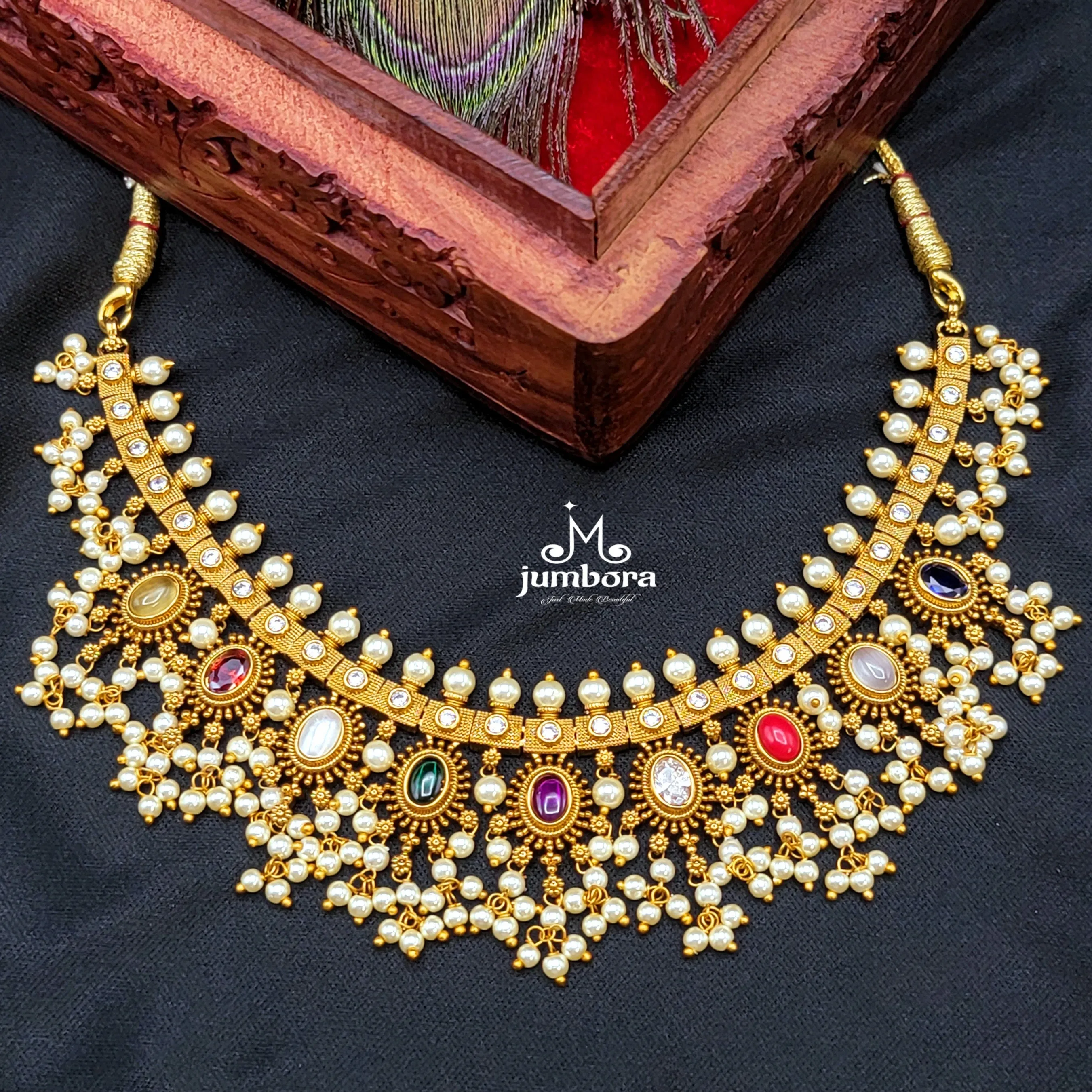 Navaratna Matte Gold Kemp Guttapusalu Necklace set