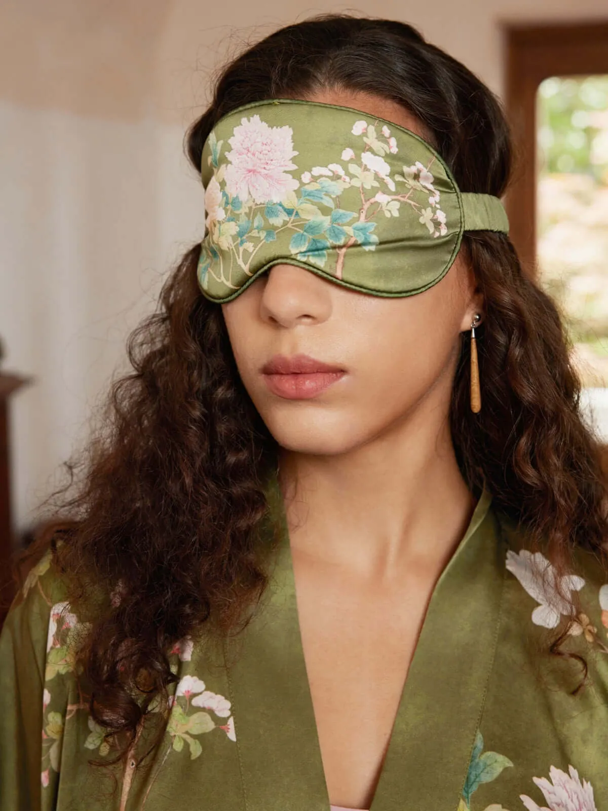 Olive Charmeuse Floral Asian Inspired Sleep Mask