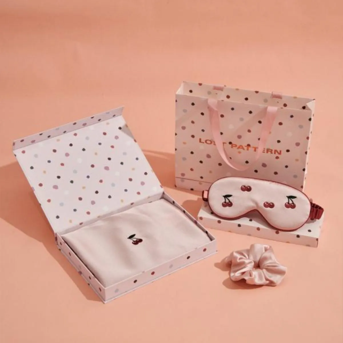 "Lost Cherries" 3 Piece Silk Gift Set - Silk Pillowcase & Silk Sleep Eye Mask & Silk Scrunchie