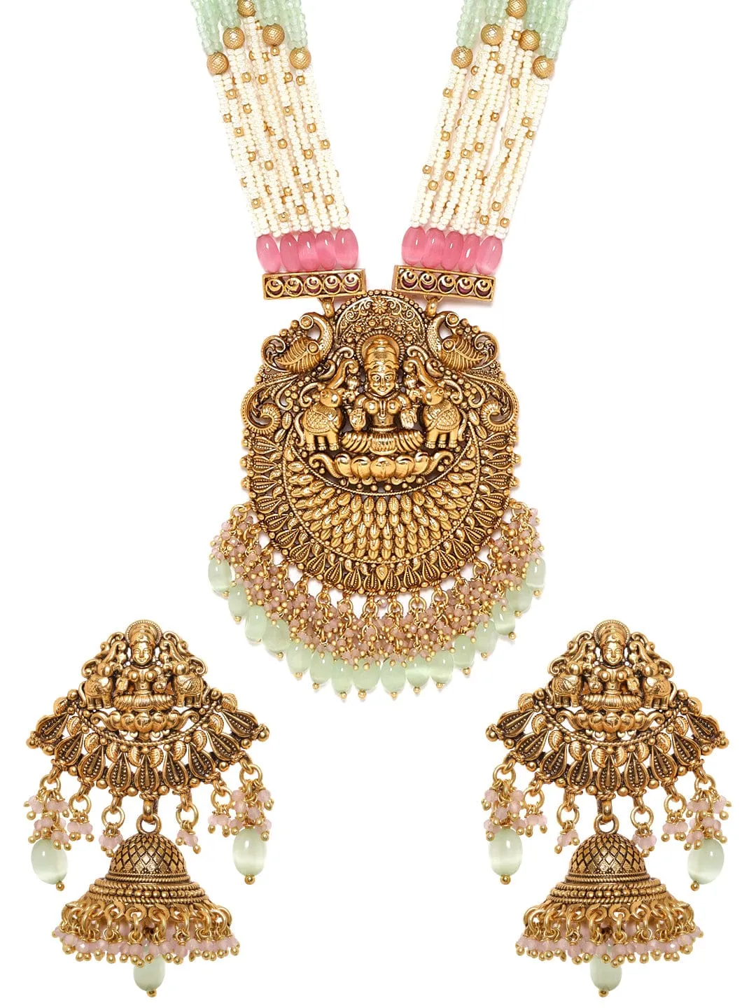 Rubans 22K Gold Plated Captivating Pastel & Pearl Beaded Handcrafted Temple Jewellery Set