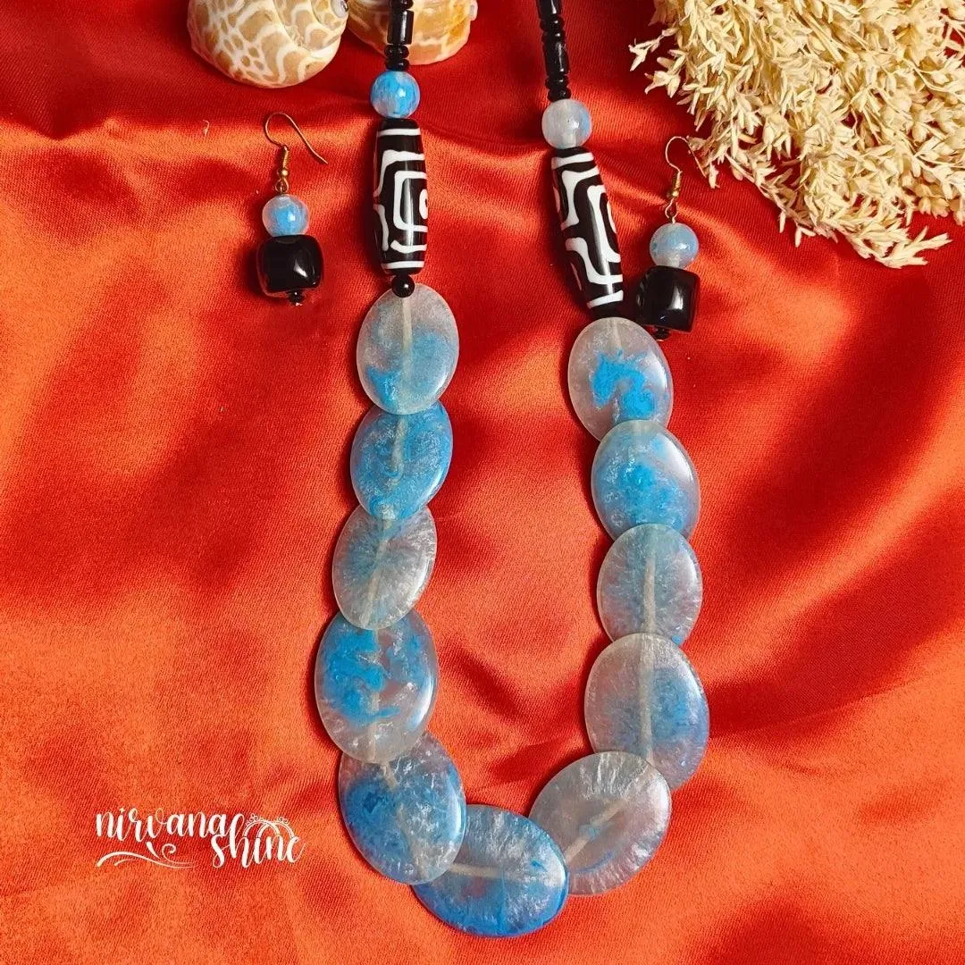 Sky Blue Serenity - Elegant Beaded Necklace With Earrings