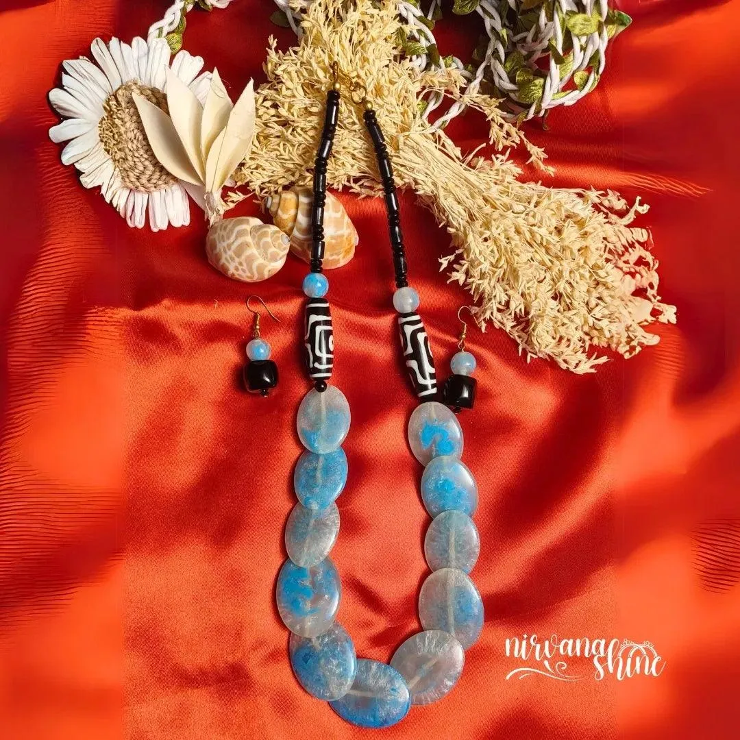 Sky Blue Serenity - Elegant Beaded Necklace With Earrings