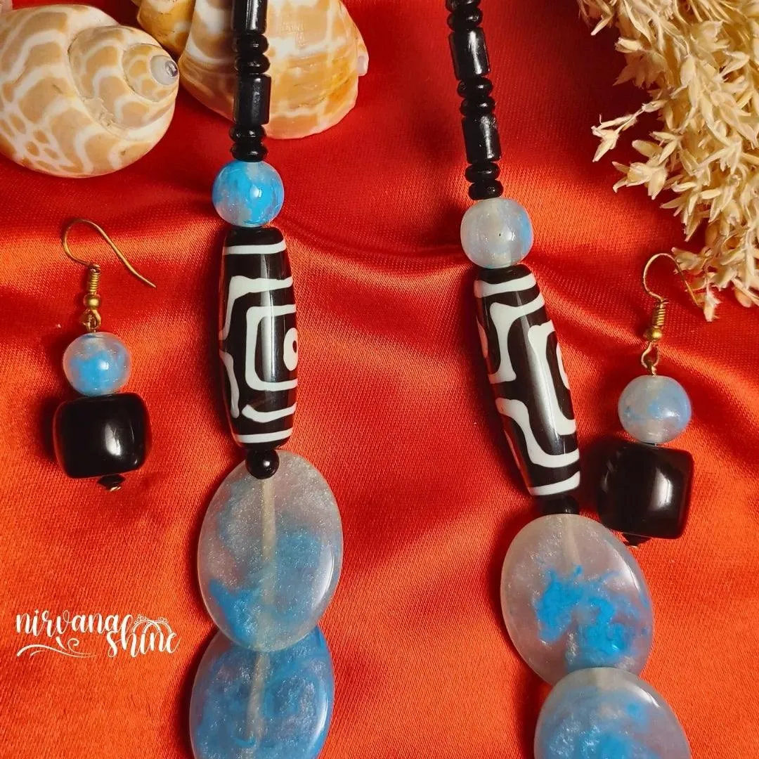 Sky Blue Serenity - Elegant Beaded Necklace With Earrings